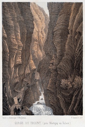 view The Trient gorge, near Martigny, the Valais, Switzerland. Colour lithograph by F. Baumann.