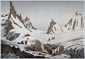 view H.-B. de Saussure and his party halting on the Col du Géant on their ascent of Mont Blanc, 1787. Colour lithograph by F. Baumann, 1863.