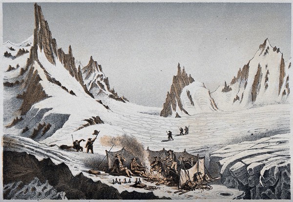 H.-B. de Saussure and his party halting on the Col du Géant on their ascent of Mont Blanc, 1787. Colour lithograph by F. Baumann, 1863.