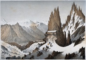 view Mont Blanc: Albert Smith's party reaching the cabin on the Grands Mulets, 1853. Colour lithograph by F. Baumann.