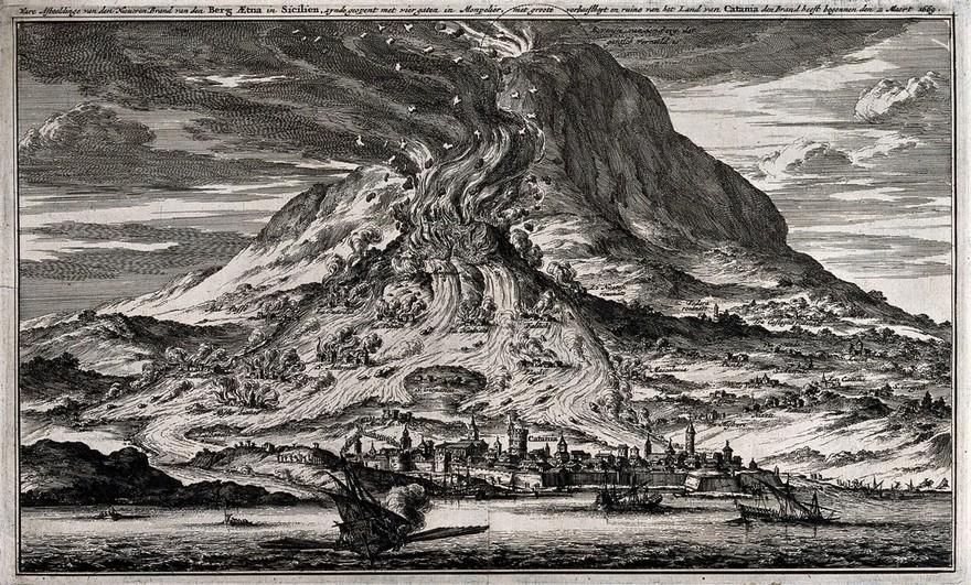 The eruption of Mount Etna in 1669. Etching.