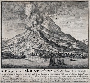 view The eruption of Mount Etna in 1669. Etching.