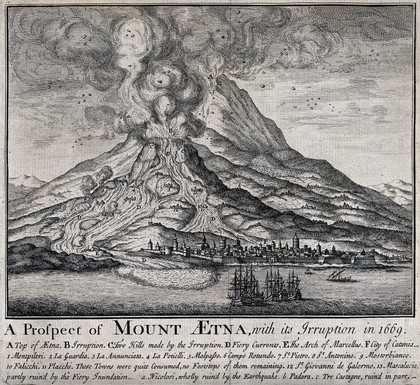 The eruption of Mount Etna in 1669. Etching.