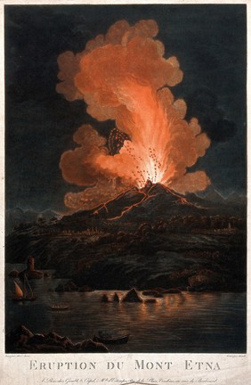 An eruption of Mount Etna at night, possibly in 1787. Coloured mezzotint by J.-M. Mixelle after A. d'Anna.