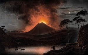 view A volcano (Mount Etna?) erupting at night. Coloured aquatint.