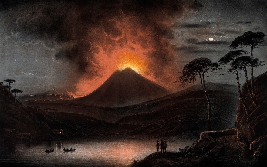 A volcano (Mount Etna?) erupting at night. Coloured aquatint.
