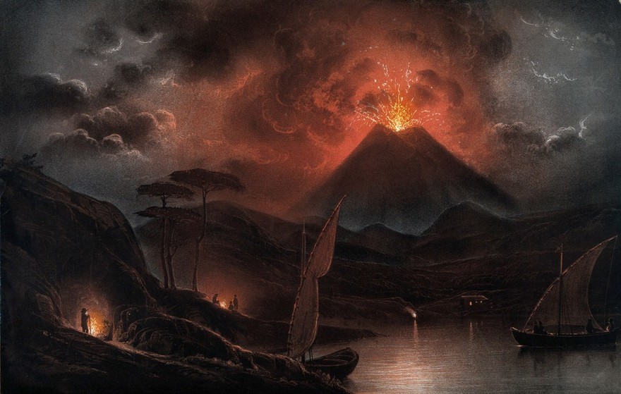 A volcano (Mount Etna?) erupting at night. Coloured aquatint.