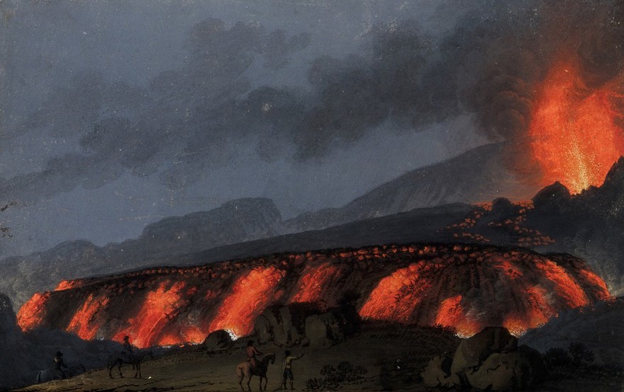 A volcano (Mount Etna?) erupting at night. Gouache painting.