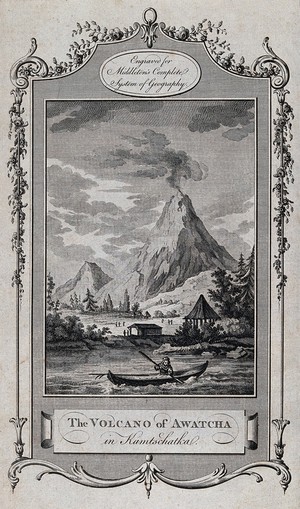 view The volcano of Awatcha (Avacha) in Kamchatka, Siberia. Etching with engraving.