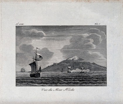 Mount Hekla, Iceland, seen from the sea. Etching.