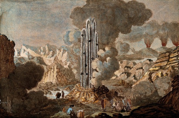 A geyser, with a group of spectators, including an artist drawing. Coloured aquatint by J.C. Richter.