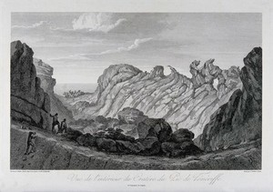 view The interior of the crater of Pico de Teide, Tenerife. Etching by P. Parboni after J.G. Gmelin after A. von Humboldt.