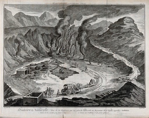 "Vulcan's cave" on the Solfatara, near Naples, showing volcanic gases and the processing of alum. Etching by Bénard after Delarue.
