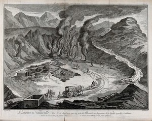 view "Vulcan's cave" on the Solfatara, near Naples, showing volcanic gases and the processing of alum. Etching by Bénard after Delarue.