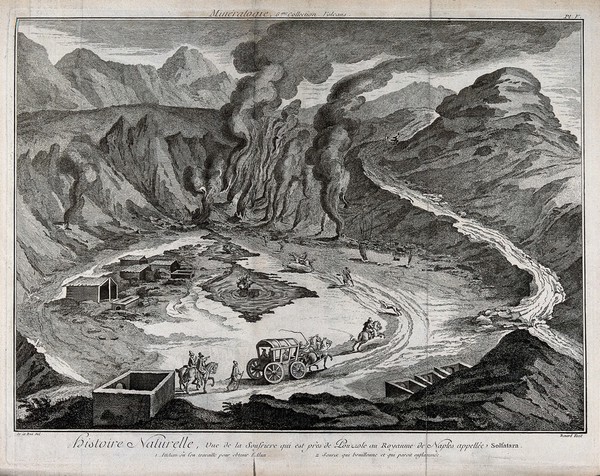 "Vulcan's cave" on the Solfatara, near Naples, showing volcanic gases and the processing of alum. Etching by Bénard after Delarue.