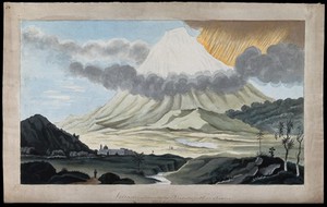 view Popocatapetl, Mexico: a flank eruption of the volcano, showing the lateral blast. Watercolour.