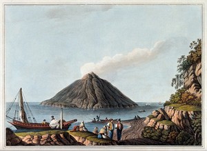 view The island of Stromboli. Coloured aquatint, 1809, after Luigi Mayer.