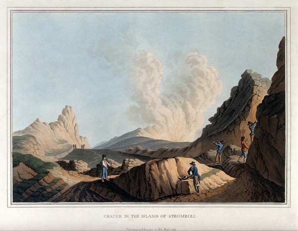 A volcanic crater on the island of Stromboli. Coloured aquatint, 1812, after Luigi Mayer.