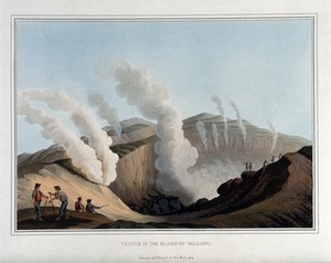 view A crater on the island of Vulcano, Lipari islands. Coloured aquatint, 1812, after Luigi Mayer.