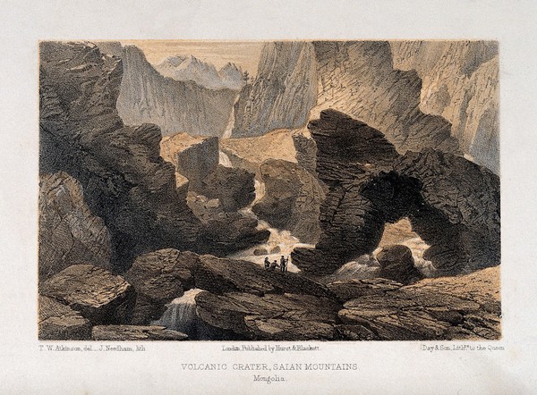 Saian Mountains, Mongolia: the crater of a volcano with irregular rock formations. Lithograph by J. Needham, 1858, after T.W. Atkinson.