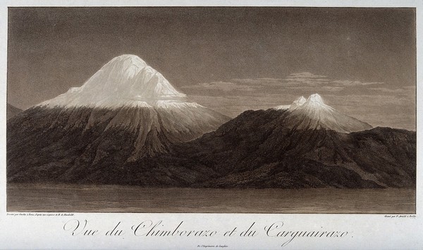 Mounts Chimborazo and Carguairazo, snowcapped. Coloured aquatint by F. Arnold after J. Gmelin after A. von Humboldt.