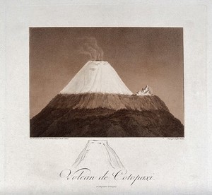 view Mount Cotopaxi, snowcapped. Aquatint by F. Arnold after J. Gmelin after A. von Humboldt.