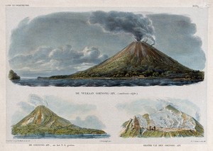 view Merapi volcano, Java: three views. Lithographs by W.J. Gordon after P. van Oort and Q. Ver Huell.