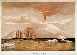 view Mount Erebus, Antarctica: the volcano in eruption. Chromolithograph, 1868.