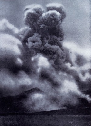 view Mont Pelée, Martinique, in eruption, 1929. Halftone after a photograph by Underwood & Underwood.