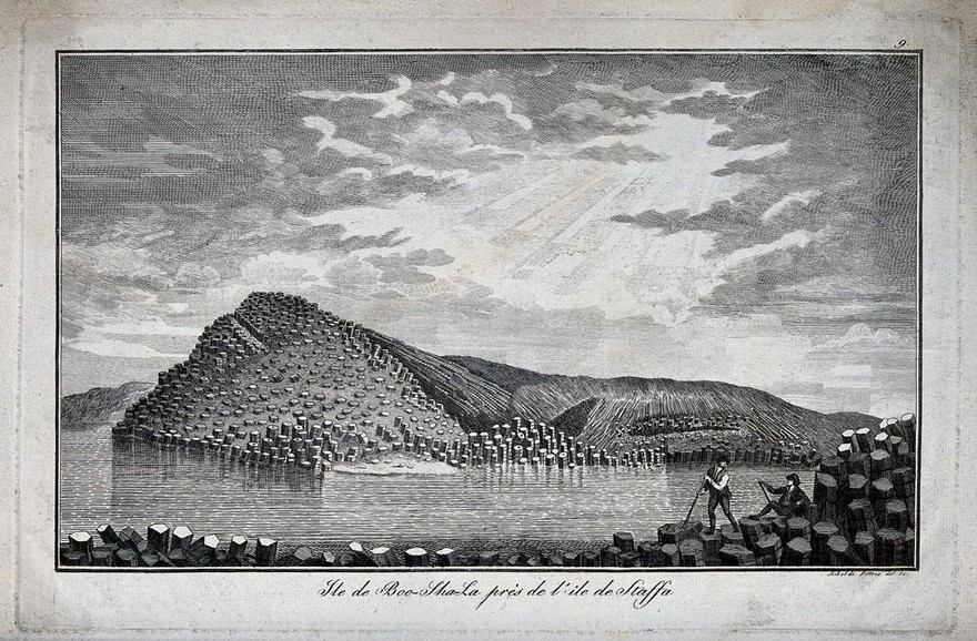 Island of "Boo-Sha-La", near Staffa, Scotland: columns of basalt covering the island. Etching by G. Riboldi.