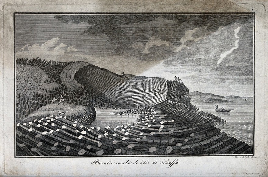 Island of Staffa, Scotland: basalt formations. Etching by G. Riboldi.
