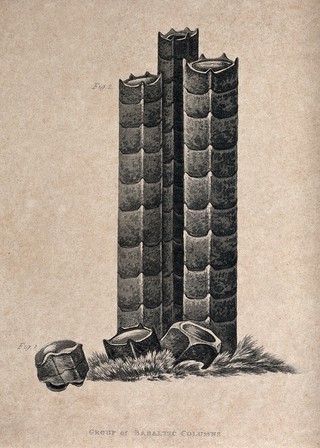 Three columns of basalt, with fragments. Aquatint, 1816.