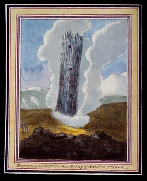 view Iceland: a geyser or hot spring erupting. Watercolour.