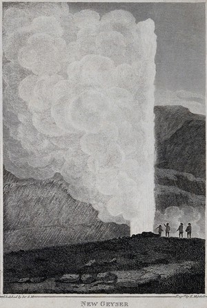 view A geyser erupting, Iceland. Engraving by E. Mitchell, 1811, after Sir George Mackenzie.