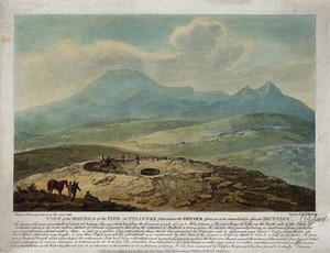 view Iceland: the mound and pipe from which a geyser issues, as shown immediately after an eruption. Coloured aquatint by F. Chesham, 1798.