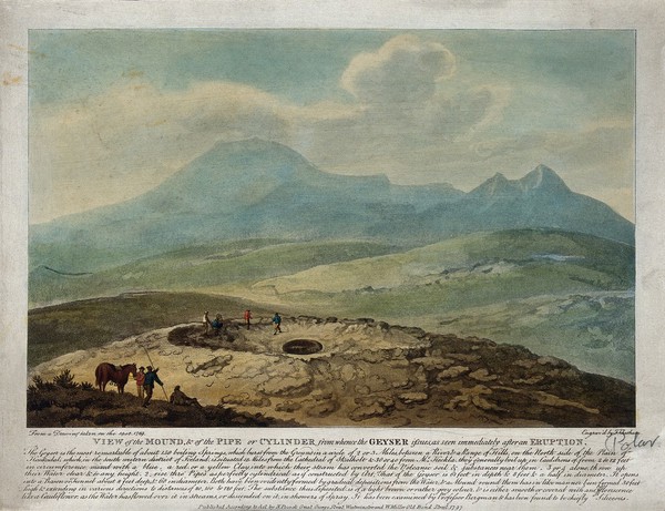 Iceland: the mound and pipe from which a geyser issues, as shown immediately after an eruption. Coloured aquatint by F. Chesham, 1798.
