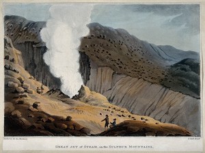 view A jet of steam on a sulphur mountain, Iceland. Coloured aquatint by J. Clark, 1811, after Sir George Mackenzie.