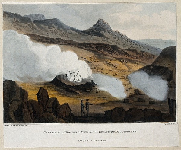 A cauldron of boiling mud on a sulphur mountain, Iceland. Coloured aquatint by J. Clark, 1811, after Sir George Mackenzie.