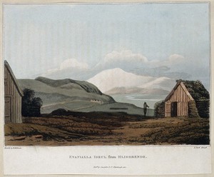 view Eyjafjallajökull, Iceland. Coloured aquatint by J. Clark, 1811, after H. Holland.