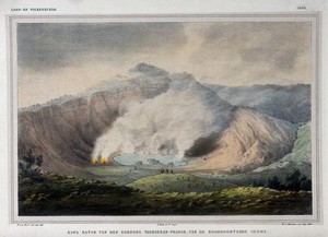 view Tangkubanparahu volcano, Java: the Ratu fumarole and crater. Colour lithograph by W.J. Gordon after P. van Oort.