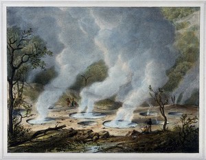 view Hot mud wells in the crater of the volcano Papandayan, Java. Coloured lithograph by W.J. Gordon after P. van Oort, 1833.