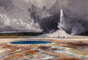 view Castle Geyser, Yellowstone National Park. Colour lithograph after T. Moran, 1874.