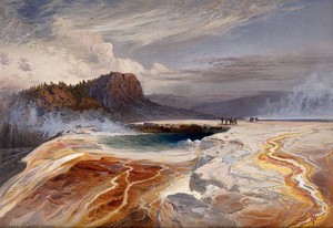 view The Great Blue Spring of the Lower Geyser basin, Yellowstone National Park. Colour lithograph by L. Prang after T. Moran.