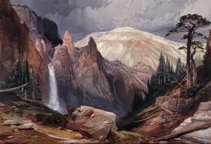 view Tower Falls and and sulphur mountain, Yellowstone National Park. Colour lithograph by L. Prang after T. Moran, 1874.