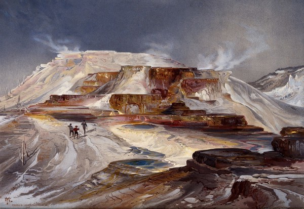 Hot springs of Gardiner's River, Yellowstone National Park. Colour lithograph by L. Prang after T. Moran, 1875.