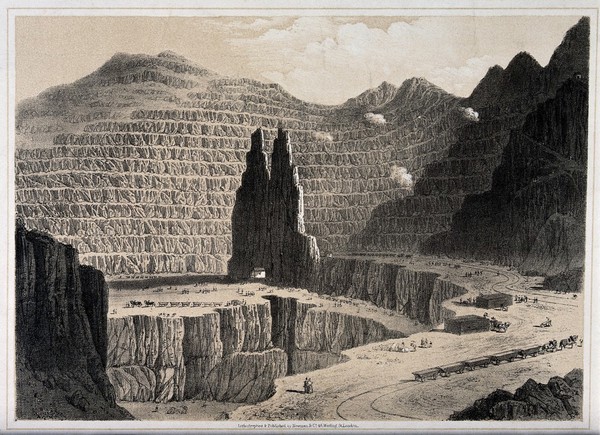 Penrhyn slate quarries, near Bangor, Wales. Lithograph.