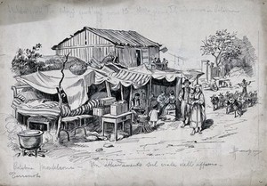 view Monteleone di Calabria: an encampment made by people whose dwellings have been destroyed in an earthquake. Drawing by A. Bianchini, 1905.