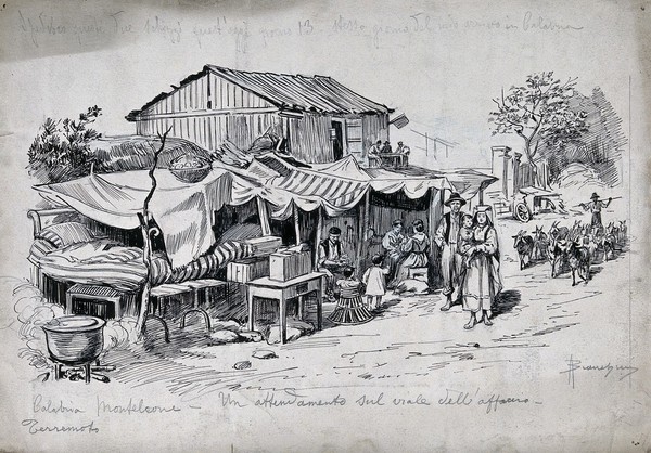 Monteleone di Calabria: an encampment made by people whose dwellings have been destroyed in an earthquake. Drawing by A. Bianchini, 1905.