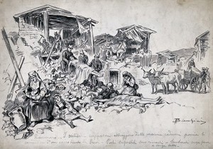 view Zammarò, Calabria: sappers removing bodies from dwellings destroyed in an earthquake. Drawing by A. Bianchini, 1905.