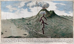 view Mount Vesuvius erupting: view from the south, with surrounding countryside and coastline. Coloured etching by F. Morghen, 1752, after F. Geri, 1752.